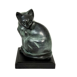 Vintage Metal Cat Sculpture on Wooden Platform